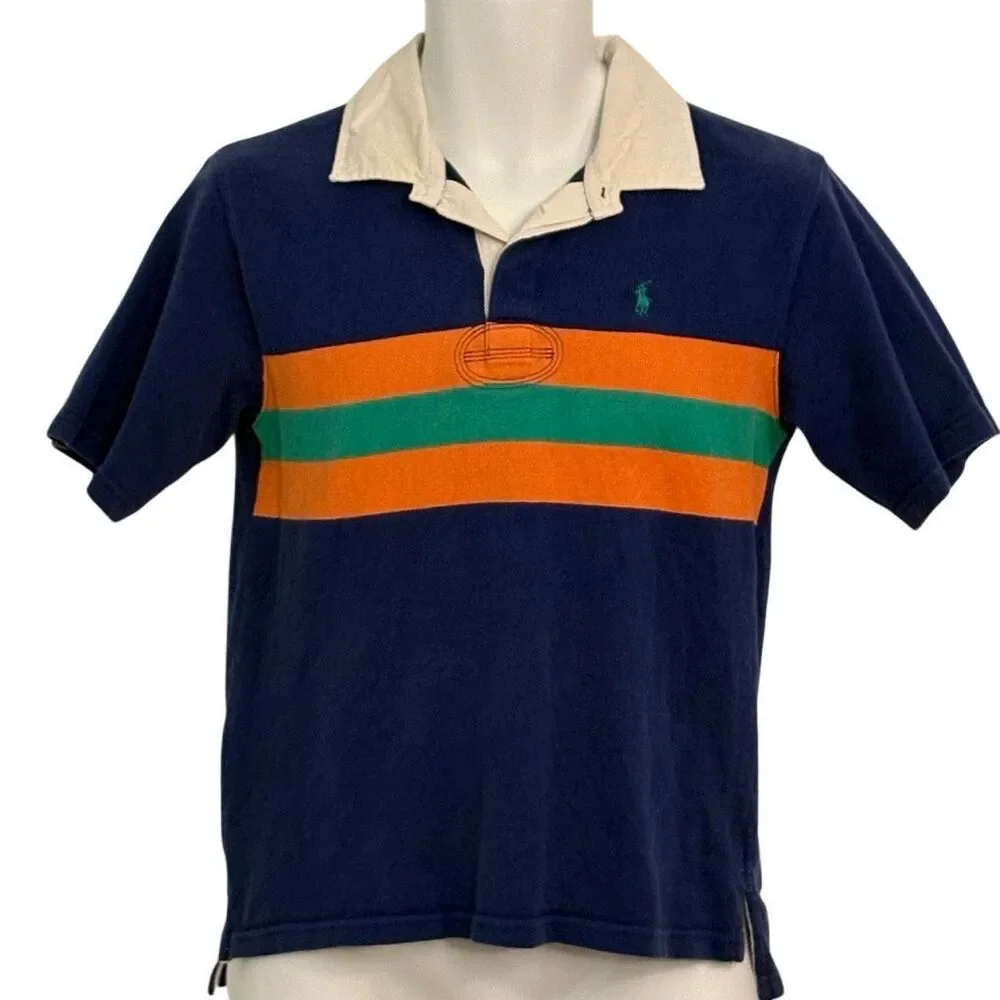 Ralph Lauren Navy Polo with Orange & Green Stripes and Cream Collar